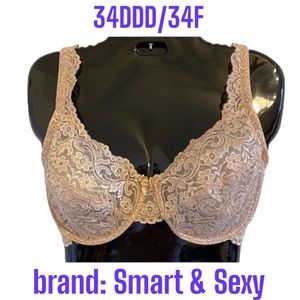 34DDD 34F “Smart & Sexy” Lace back Rhinestone Nude Tan Underwire Bra Mesh Sling